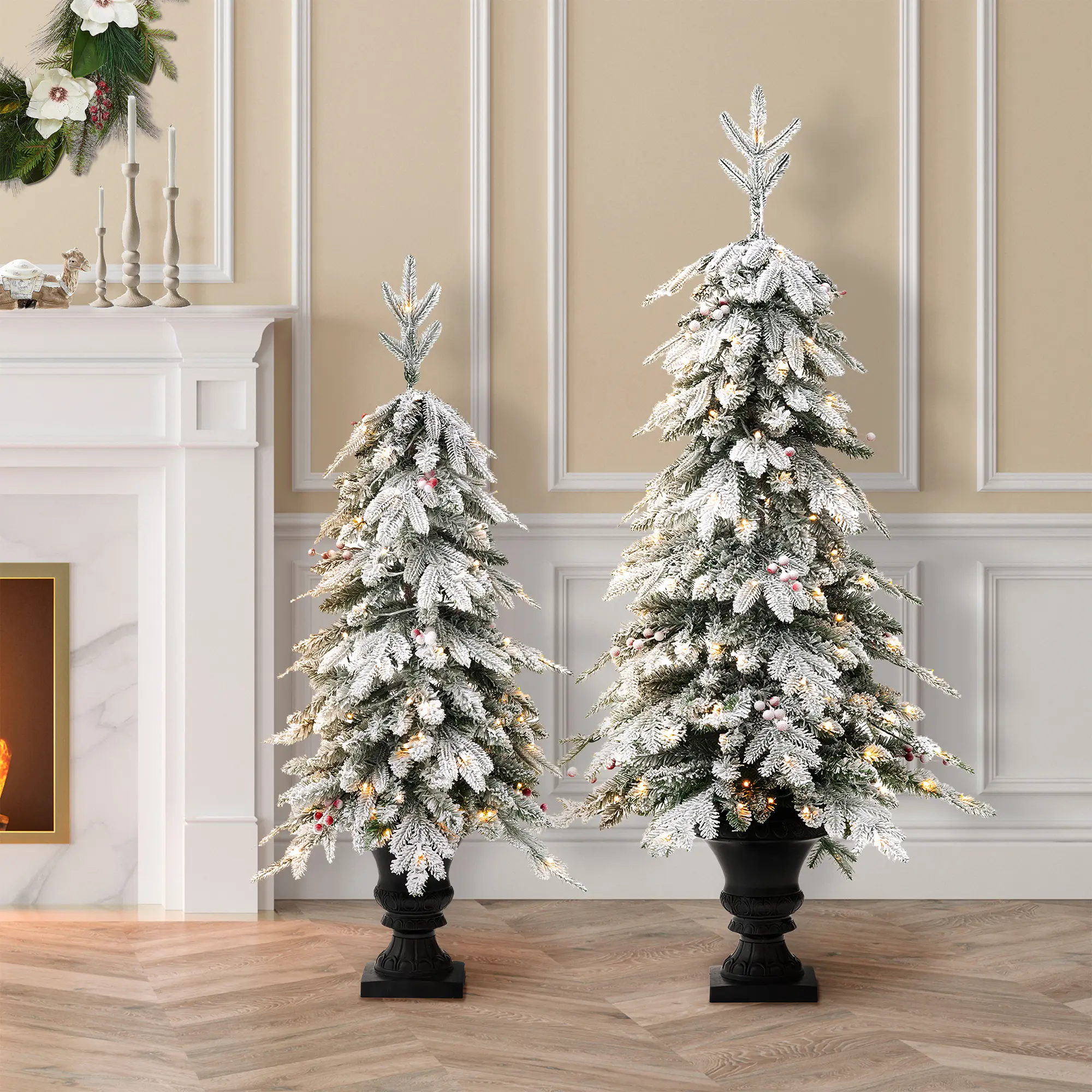 Glitzhome 4ft-5ft Pre-Lit LED Flocked Fir Artificial Christmas Pot Tree, Modern Holiday Decor with Warm White Lights, Red Berries for Door Porch
