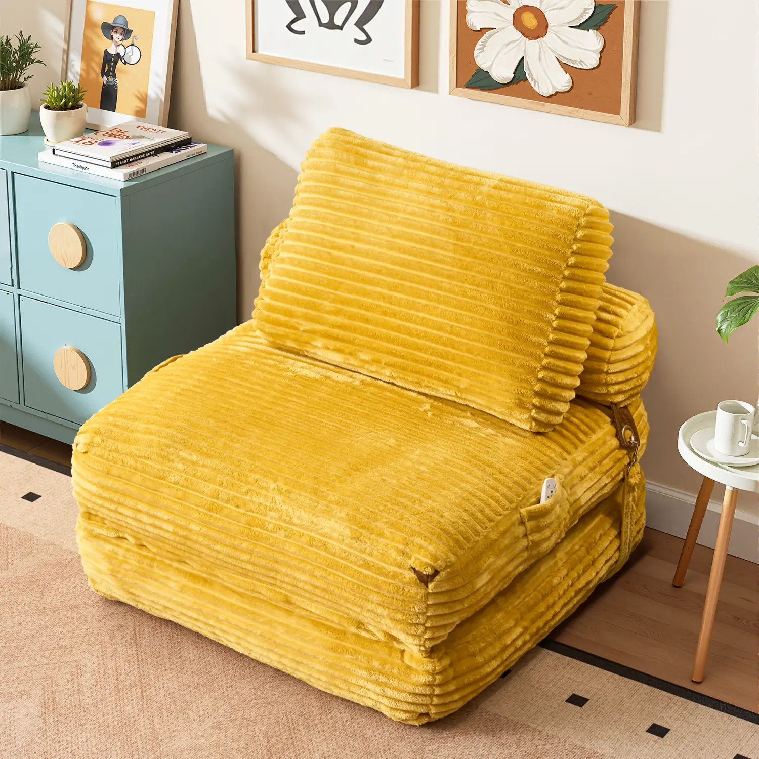 Plush Corduroy 3-in-1 Convertible Folding Sofa Bed Tri-Fold Mattress with Side Pocket, Boneless Floor Sofa in A Box, Futon Couch for Living Room Bedroom Apartment