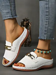 Vintage Metal Buckle Wedge Mules for Women, Comfortable Thick Sole Open-Toe Sandals, Summer Daily Casual Shoes, Thick Soled Mules