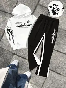 Two-piece Set Men's Figure Graphic Hoodie & Colorblock Pocket Drawstring Waist Sweatpants, Casual Activewear Fashion Cozy Loose Fit Two Piece Outfits for Daily Wear, Men's Clothes for Fall & Winter