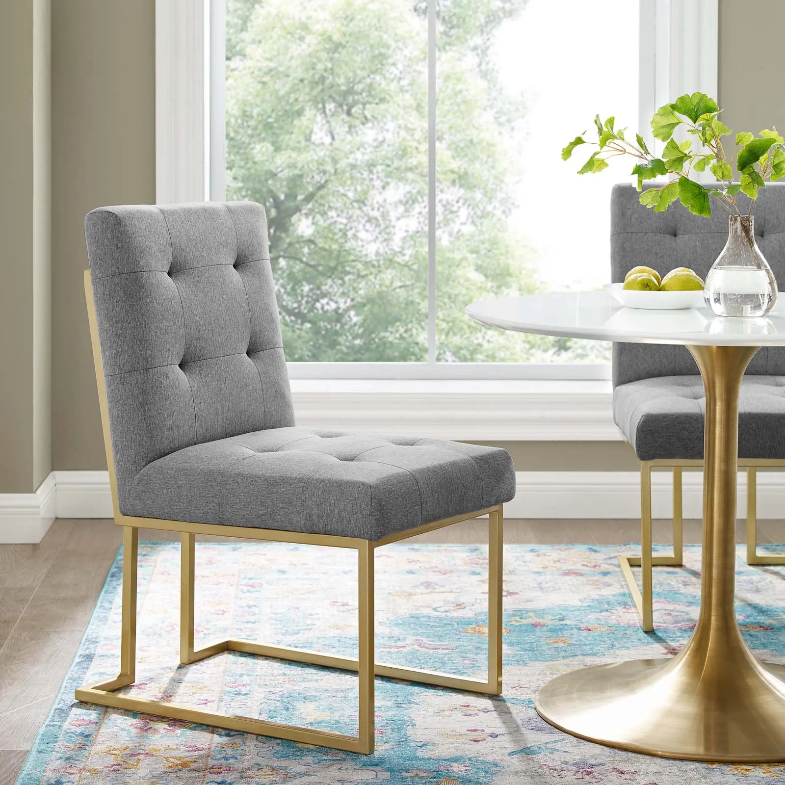 Modway Privy Gold Stainless Steel Upholstered Soft Fabric Dining Accent Chair, Gold Light Gray Sitting Chair, Sitting Chairs, Soft Fabric Chairs
