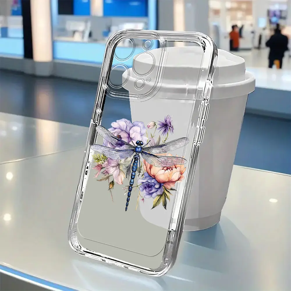 A transparent phone case with dragonfly pattern embellishments, TPU  shockproof full protection case, suitable for iPhone 17/16/15/14/13/12/11  PRO PROMAX PLUS AIR X XSMAX, an ideal gift for friends and family, TK211 -