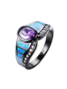 Unisex Punk Style Purple Zircon Blue Opal Statement Ring Trending Couple Jewelry Gothic Aesthetic Party Gift for Rave Nightclub