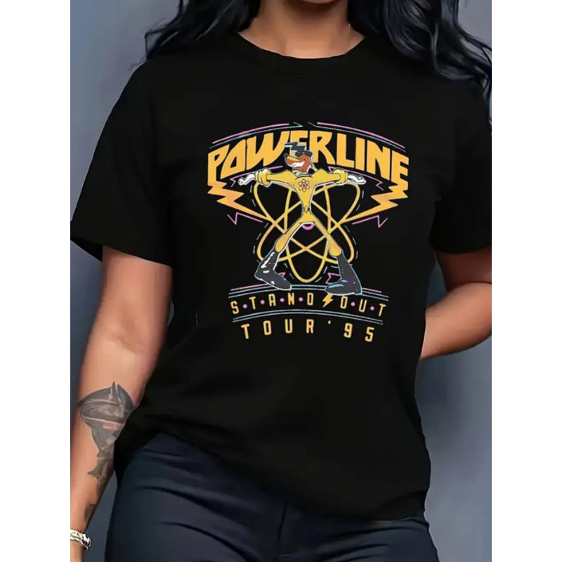 1pc Women's Powerline 95 Tour Graphic T-Shirt - Retro 90s Vintage Design with Lightning Bolt & Stand Out Tour '95 Print, Black Casual Tee, Machine Washable, Perfect Gift for Nostalgic Music Fans