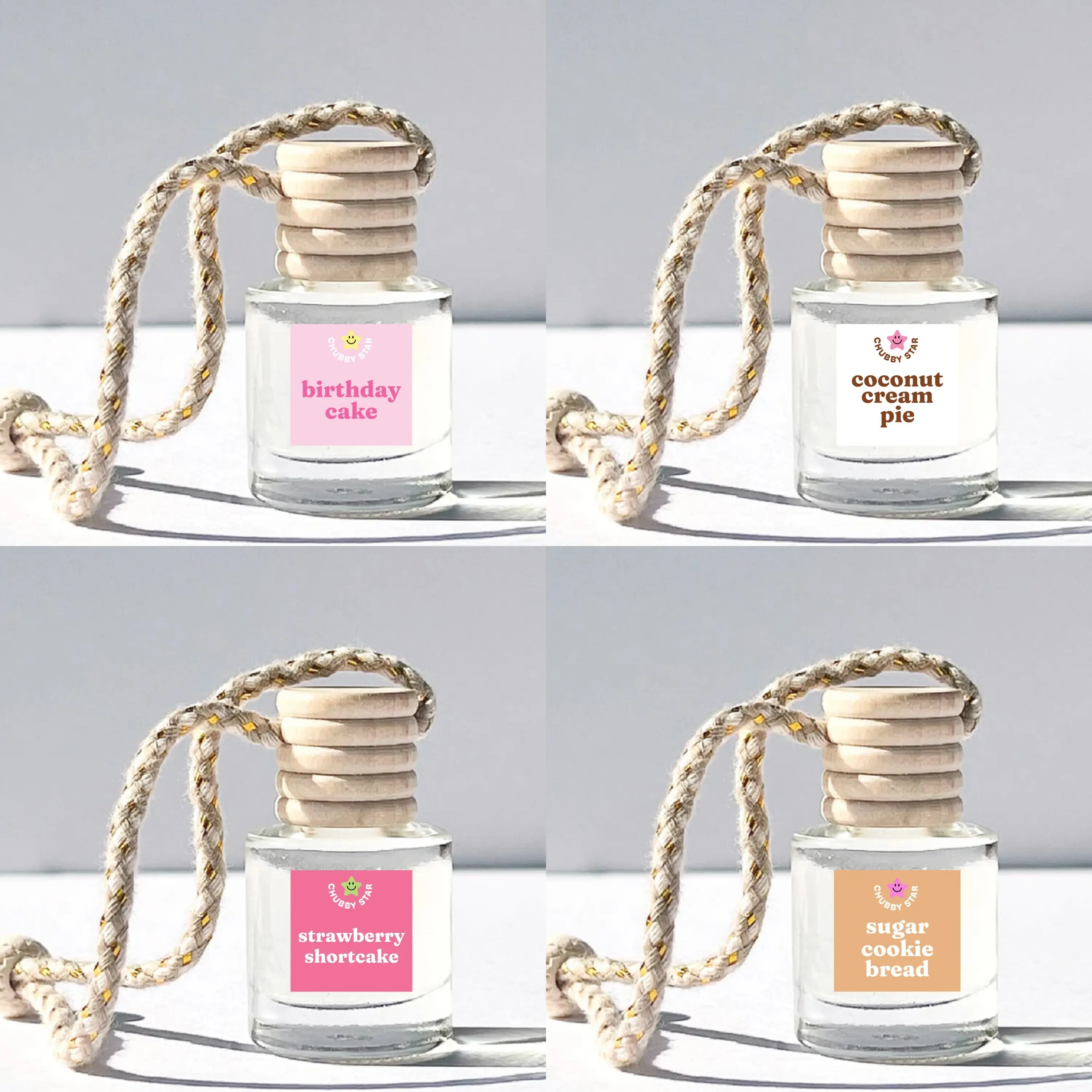 4 Pack Bakery Scented Car Air Fresheners - Vanilla Scented, Birthday Cake Sweet Aroma, Coconut Cream Pie, Strawberry Shortcake, Sugar Cookie Bread - Pre-Filled Oils Easy Setup Car Interior Fragrance Accessory