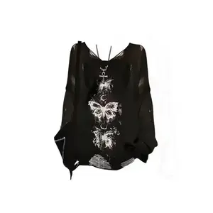 Emotional Style Women's Streetwear Long Sleeve Grunge Aesthetic Akubi Fairy Style T-Shirt Gothic Style Hot Girl Letter Top 2000s Alternative Clothing Women's Summer Womenswear Tshirt Crewneck Casual