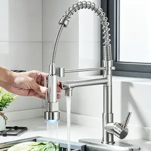 LED Modern Brushed Nickel Pull-Down Kitchen Sink Faucet, Spring Coil Design with 2-Function Spray Head, 360° Swivel Spout, Anti-Corrosion & Leak-Proof, Single Handle Deck Mount Hot Cold Mixer Tap for Home, RV, Bar Sinks