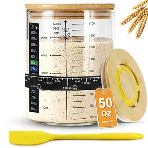 Sourdough Starter Jar, 50 oz Large Sourdough Jar with Time Keeper, Thermometer, Scraper, Wide Mouth Glass Sourdough Starter Kit for Beginners and Professional Bakers