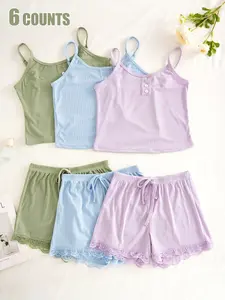 Women's Sleepwear Set, Loungewear, Outfit, Sleeveless Bow Backless Design, Adjustable Spaghetti Straps, Fitted Plain Pattern, All-Season Comfort Casual Wear, Cute
