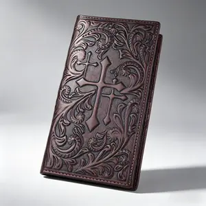 Genuine Leather Wallet Men's Floral Embossed Western Cross Full Grain Slim Long Bifold Checkbook Credit Card Holder With Multi Card Slots, Ideal Gift For Men