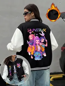 Women's K-Pop Print Baseball Jacket, Casual Long Sleeve Fitted Coat, Fall & Winter Streetwear, Y2K Fashion, Outdoor Leisure Wear, Outerwear, Womenswear