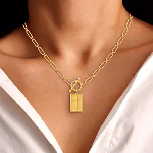 HYmoso Gold and Silver Plated Cross Pendant Necklace for Women Toggle Clasp Rectangle Charm 49cm Dainty Paperclip Chain Religious Jewelry  for Christian Faith Baptism First Communion Christmas halloween birthday valentine gift