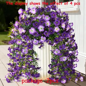 2 PCS  Artificial Fake Hanging Flowers Plants for Outdoor Spring Decoration, Faux Floral Garland, Faux Silk Morning Glory with Eucalyptus Leaves,UV Resistant Realistic Outdoor Flowers for Balcony Porch Patio Yard Garden
