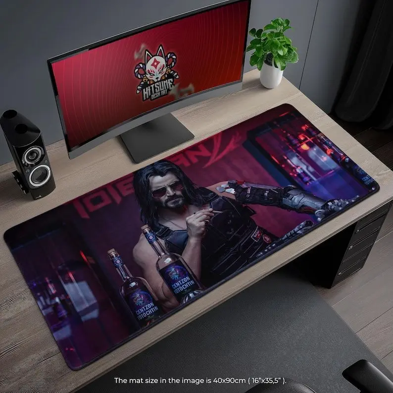 Cyberpunk Samurai Gaming Mouse Pad - Johnny Silverhand Desk Mat, Large Futuristic Gamer Pad, Gift for Cyberpunk 2077 Fans