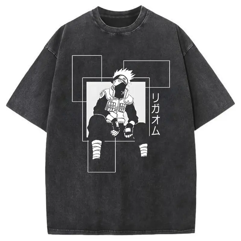 Men's Kakashi Anime Style Vintage Wash 100% Cotton Oversized Baggy T-Shirt - Breathable Retro Japanese Streetwear Harajuku Aesthetic Tee, Pair with Jeans, Suitable for Women, Vintage T-Shirts, Anime Print Men's Short-Sleeve T-Shirts