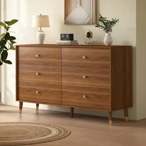 Mid-Century Modern Solid Dresser & Sideboard - Multi-Size Walnut Chest of Drawers with Beveled Design, Retro Storage Cabinet for Bedroom & Living Room