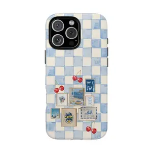 Retro Blue Picture Gingham Phone Case| Retro Wavy Lines, Modern Floral Phone Cover For Iphone 11,12,13, 14,15,pro, 16 17promax