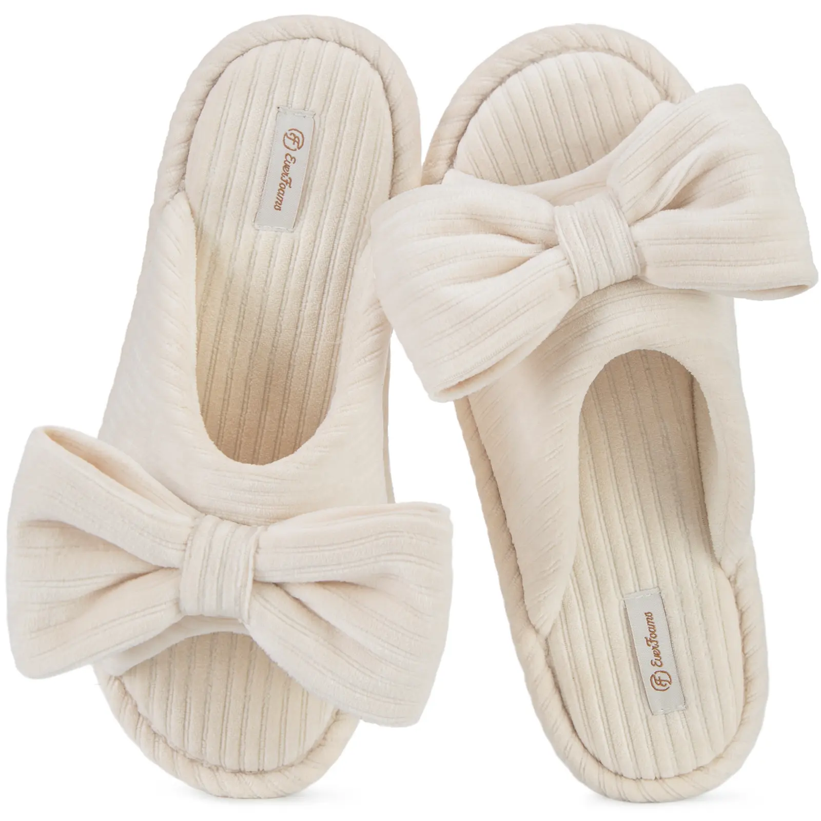 EverFoams Women's Open-Toe Bow Slippers with Memory Foam Indoor Non-Slip Sole