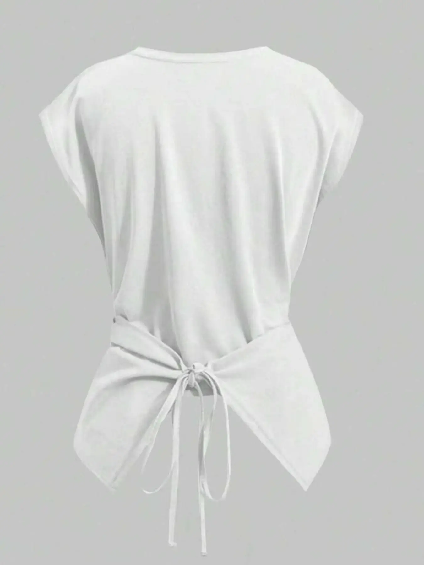 Women's Knitted Fabric Round-Neck Drop-Shoulder T-Shirt, Chic Casual Asymmetrical Crisscross Back-Tie Top, for Spring & Fall Wear Knitwear