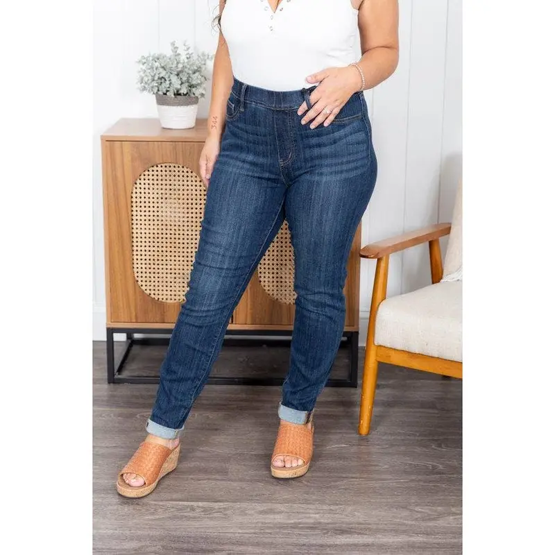 Women's Lauren Judy Blue High Waist Plain Cotton-Polyester-Rayon-Elastane (2.9% Lycra) Pull-On 4-Way Stretch Jeans - Slim Cut, Cuffed Hem, Curve Body Fashion Fit, Curvy-Friendly, Odd Sizes, 22W Plus Size, All-Season Womens Bottoms