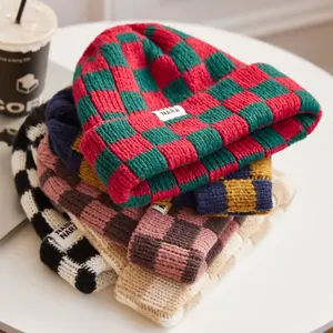 1 Piece Fashionable Patched Checkerboard Pattern Beanie, , Casual Warm Knit Hat for Fall & Winter, Top Tier Beanie, Fashion Accessories,Women Men Winter Beanies Slouchy Knit Skull Cap Warm Stocking Hats Winter Snow Ski Hat Cuffed Plaid Hat Toboggan Hats