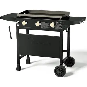 KingChii 28" 3-Burner Griddle with Counter Height Side Shelves, Powder Coated Steel, Black