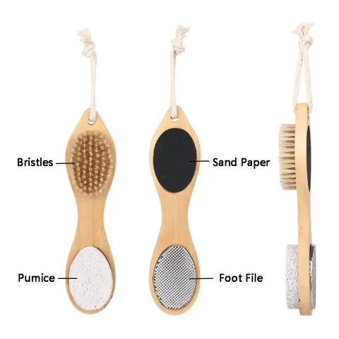 Double Sided Wooden Foot Scrubber Brush, Foot Dead Skin Remover, Feet Callus Remover, Foot Rasp, Exfoliating Foot Scrubber, Foot Scraper, Pedicure Foot Care Tool with Bristle, Stainless Steel, Foot Care Product