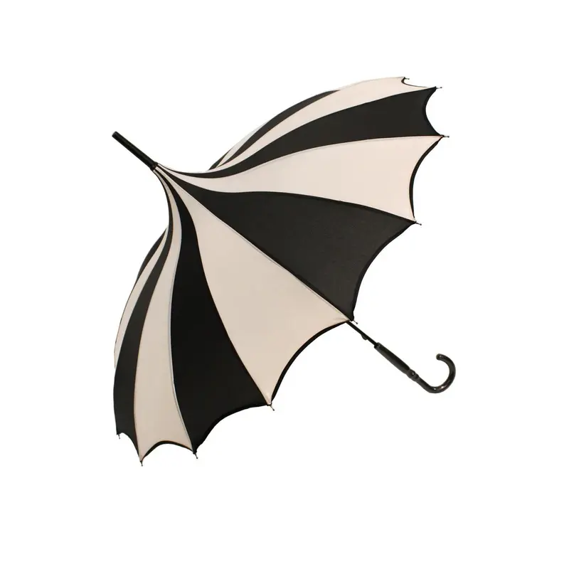 Gothic Metal Handle Umbrella for Adults, Black-White Striped, Batwing Edging, 34in L x 33.5in D, J-Shaped Handle, Rain Protection, Outdoor Umbrella