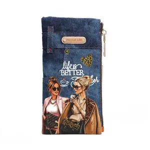 Classic Denim Bifold Wallet with 'Life is Better Together' Design Elegant Vegan Leather & Gold-tone Hardware Secure Snap Button Closure