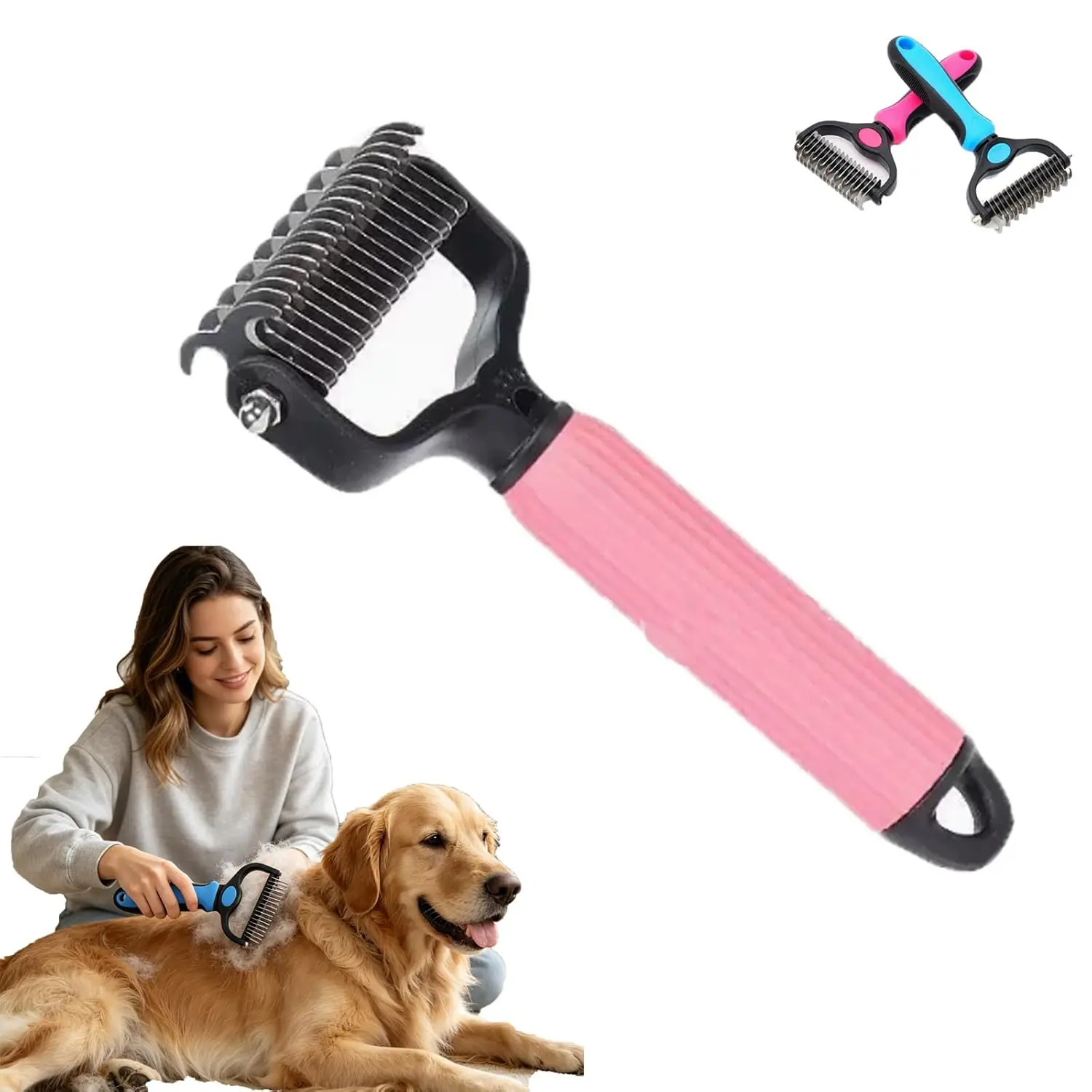 Pawthantics Dual-Groom Pro All Pets Detangling Brush, Pet Pro Grooming Tool for Dogs, Dematting Comb for Dogs and Cats, Deshedding Dog Brush Loose Fur, Grooming Tool for Thick Coats (Pink)