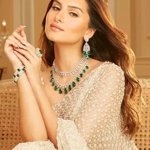 Tara Sutaria AD Double Layered Necklace with Earrings and Tikaa - Light Green Color ONLY available Wedding Set