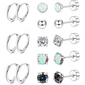 Fashionable Stainless Steel Earrings Set 8 Pairs Rhinestone Decor Stud Earrings Hoop Earrings for Women Men,Trendy All-Match Exquisite Jewelry for Birthday Gift,Earrings Stud