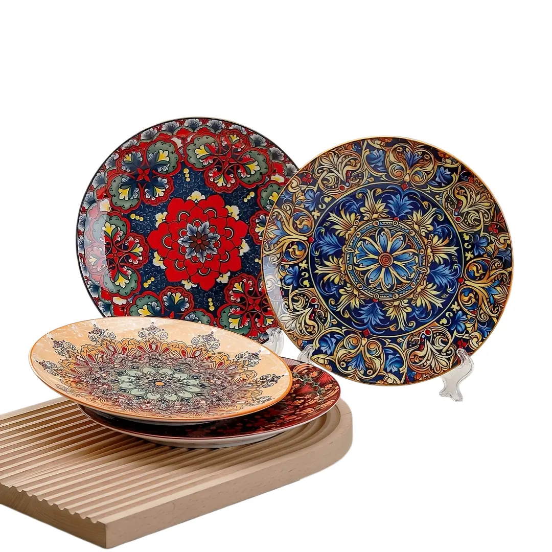 3-piece set: 8.5-inch ceramic dinner plates, snack plates, kitchen tableware set featuring Bohemian vintage patterns. Microwave and dishwasher safe; suitable for serving dishes, snacks/pastries, steak, and salad. Suitable for restaurants and home use.