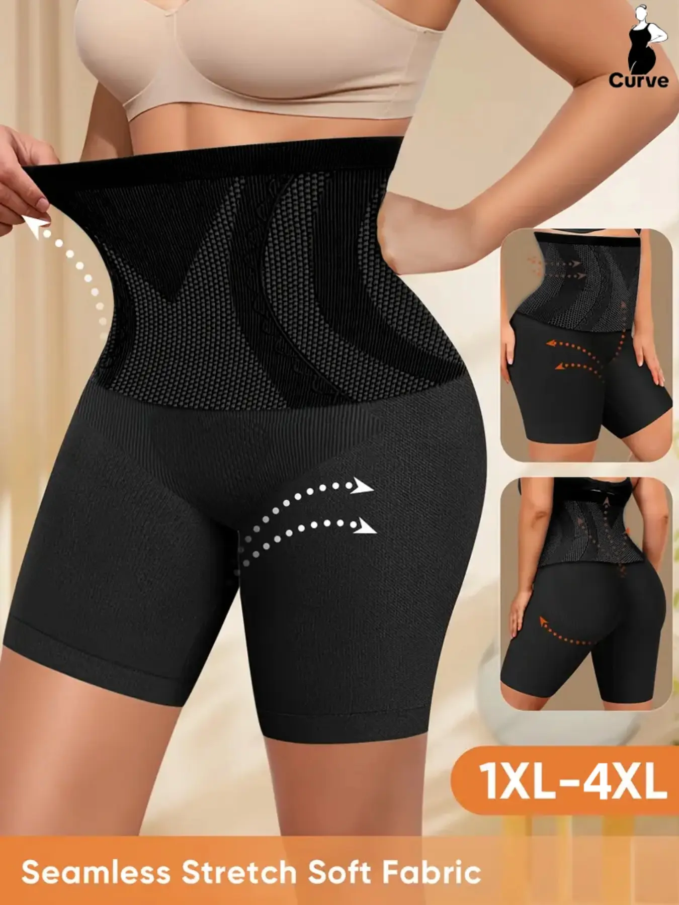 PLUS SIZE Women's High Waist Shaping Shorts, Shapewear, High Waist Shaper, High Waisted Compression, Comfortable Breathable Elastic Waistband, Casual All Season Underwear, Regular Length, Plain Pattern, Fabric