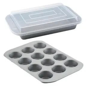 Nonstick Bakeware 3 Piece Muffin Cake and Lasagna Pan Set, Gray