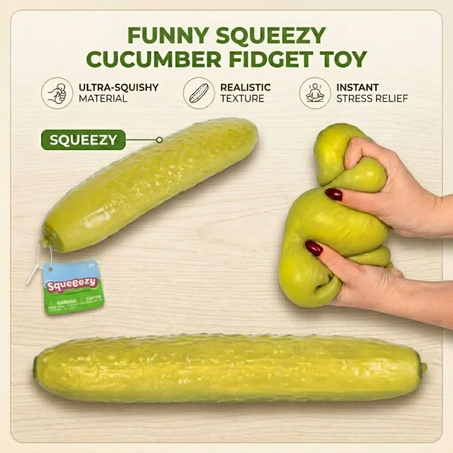 Jumbo Realistic Sour Cucumber Squishy Squeeze Toy, Giant Pickle TPR Fidget Toy for Adult Stress Relief, Funny Gag Gift & Desk Decor