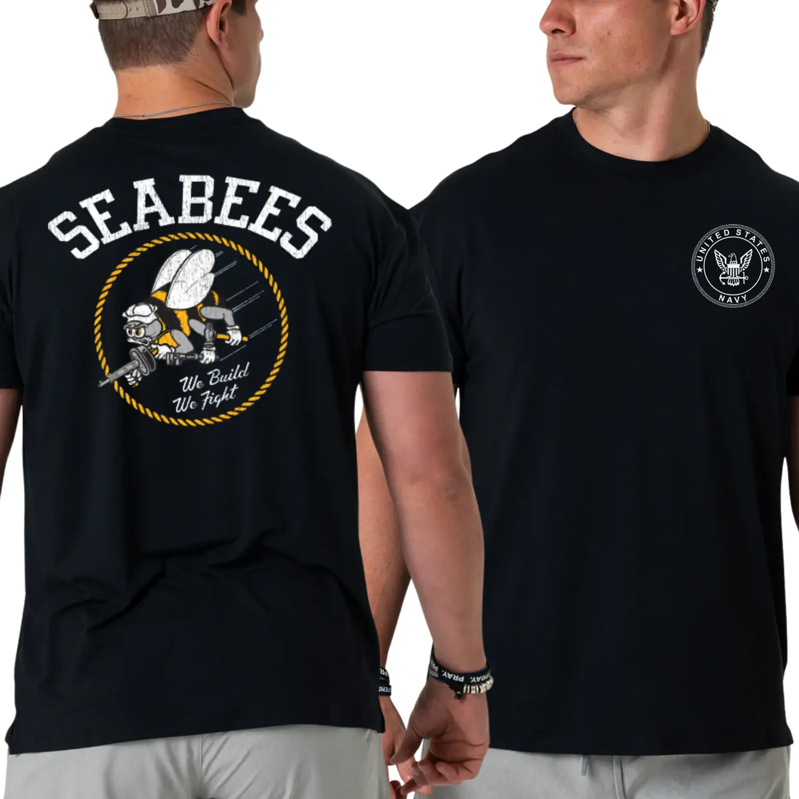 U.S. Navy Seabees T-shirt, 2 Sides Graphic Tee with United States Navy Emblem on Front and Fighting Bee with We Build We Fight Motto on Back, Military Construction Force Shirt for Veterans and Builders for Men & Women, 2000s Outfits, Graphic Tee Summervib