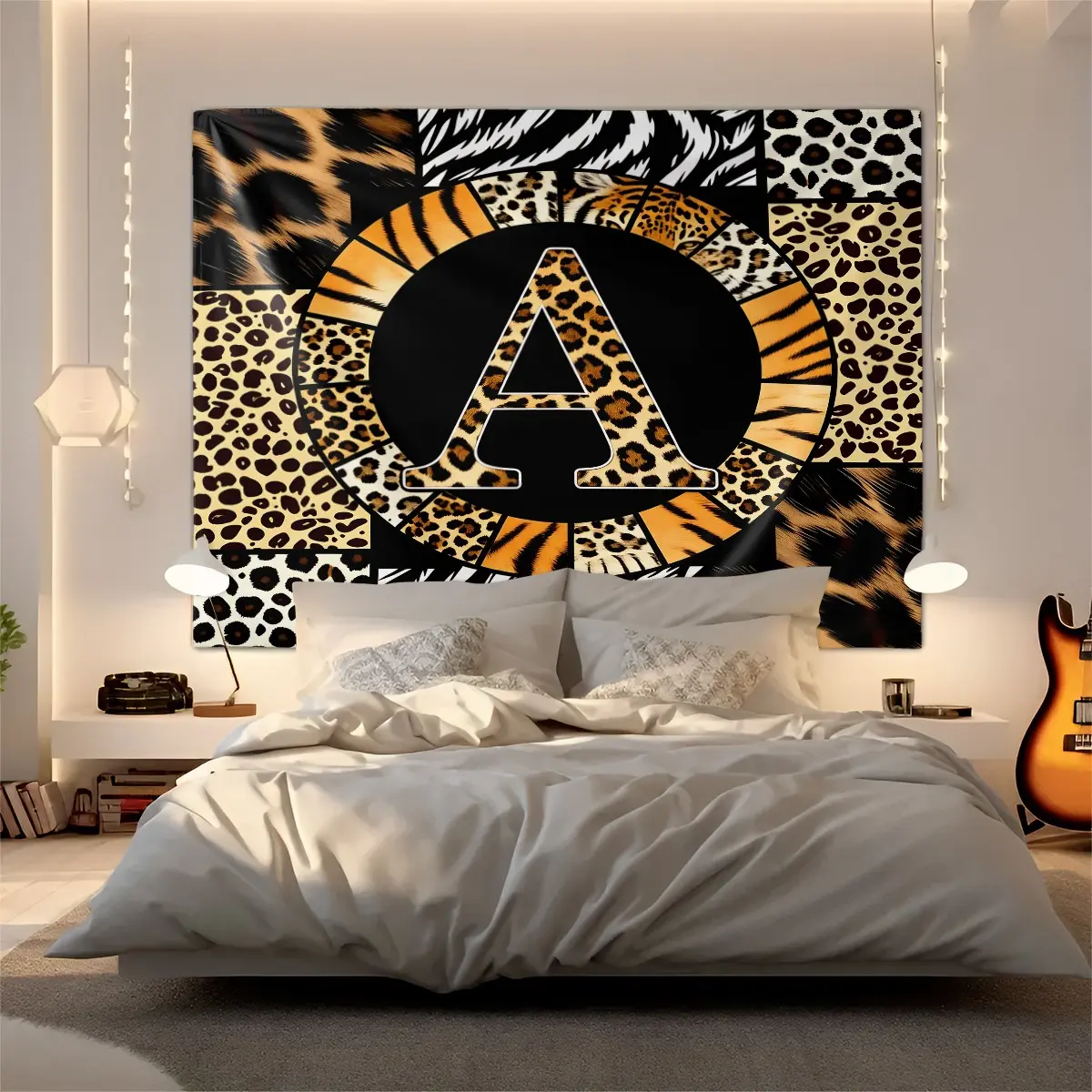 [Digitally Printed Tapestry] Bold 26 Letter Animal Print Tapestry, Vibrant Wall Hanging, Digital Print, Eye-Catching Decor for Living Room or Bedroom, Featuring Leopard and Wild Cat Patterns, Patchwork Design, Perfect for Fashion-Forward Spaces.