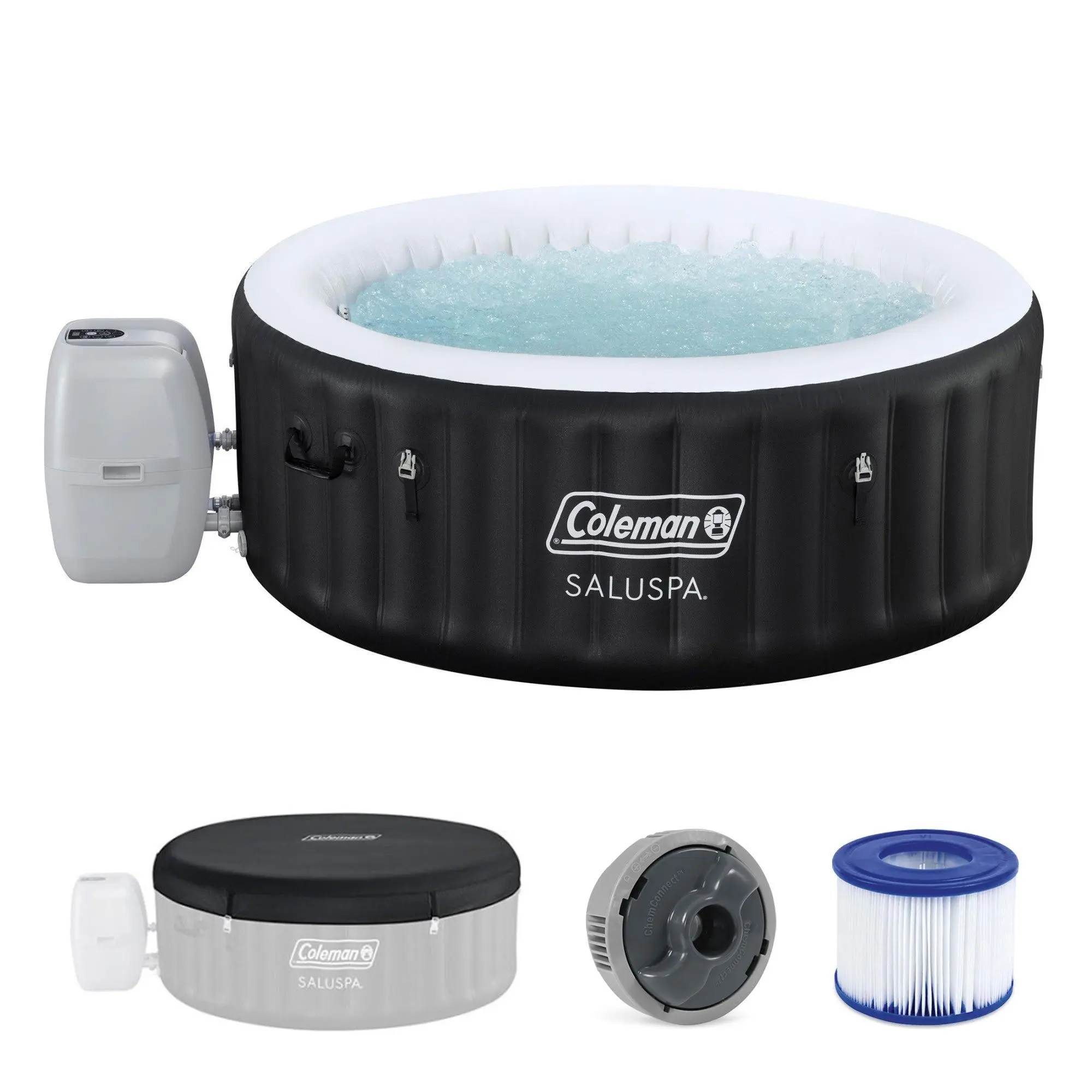 Coleman Miami 2-4 Person AirJet Inflatable Hot Tub with Cover, Black, 71"x26"