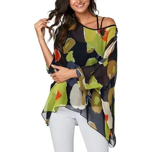 Plus Size Floral Chiffon Tunics Blouses for Women Batwing Summer Boho Shirts Beach Cover ups