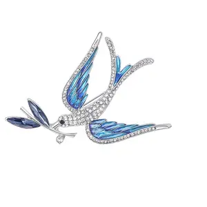 Modern Enamel Bird Brooch Intricate Branch Detailing and Crystal Embellishment