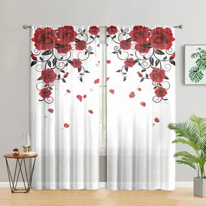 Rose Pattern Window Curtain, 2 Counts/set Modern Simple Pole Pocket Design Curtain, Home Decorative Curtain for Living Room Bedroom Kitchen Cabinet