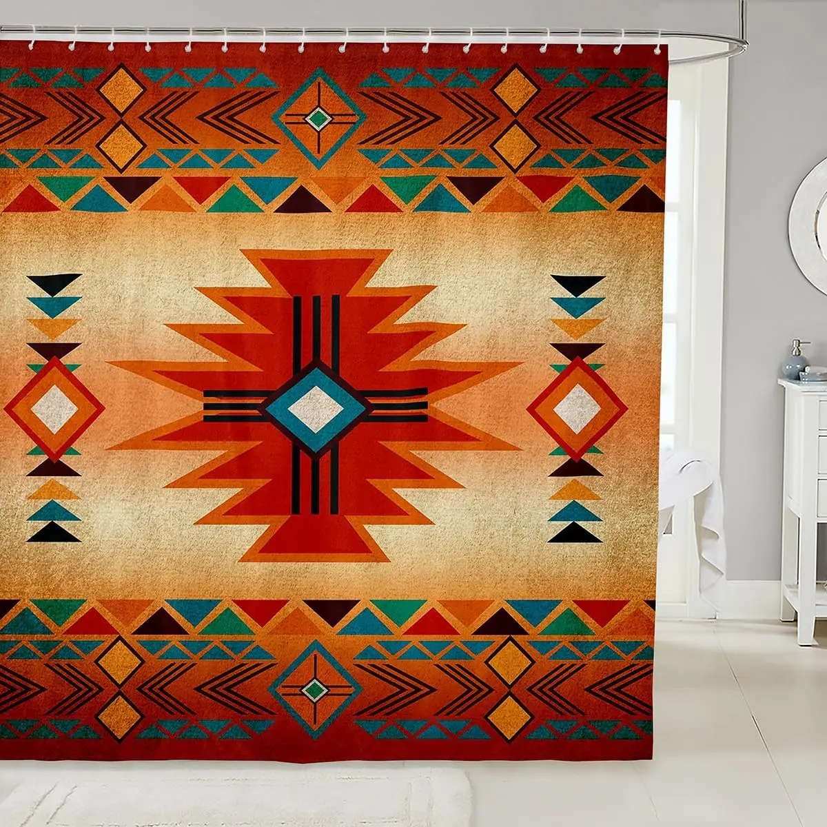 Western Bathroom Curtain,Southwest Shower Curtain Women Men,Aztec Tribal Bohemian Waterproof Curtains Vintage Striped Orange Red Rustic Bath Curtain Bathtub Decor