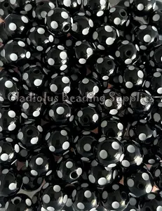 16mm Black Polka Beads, Green Color, Resin, Loose, Chunky, Round, Gumball, Crafting Supplies