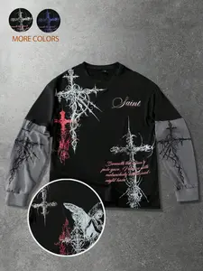 Unisex style, Fashion, Gothic design, Gothic thorn-like rune pattern print, autumn and winter mixed-fabric, vintage style T-shirt. 2000s style, suitable for streetwear, casual wear, outdoor activities