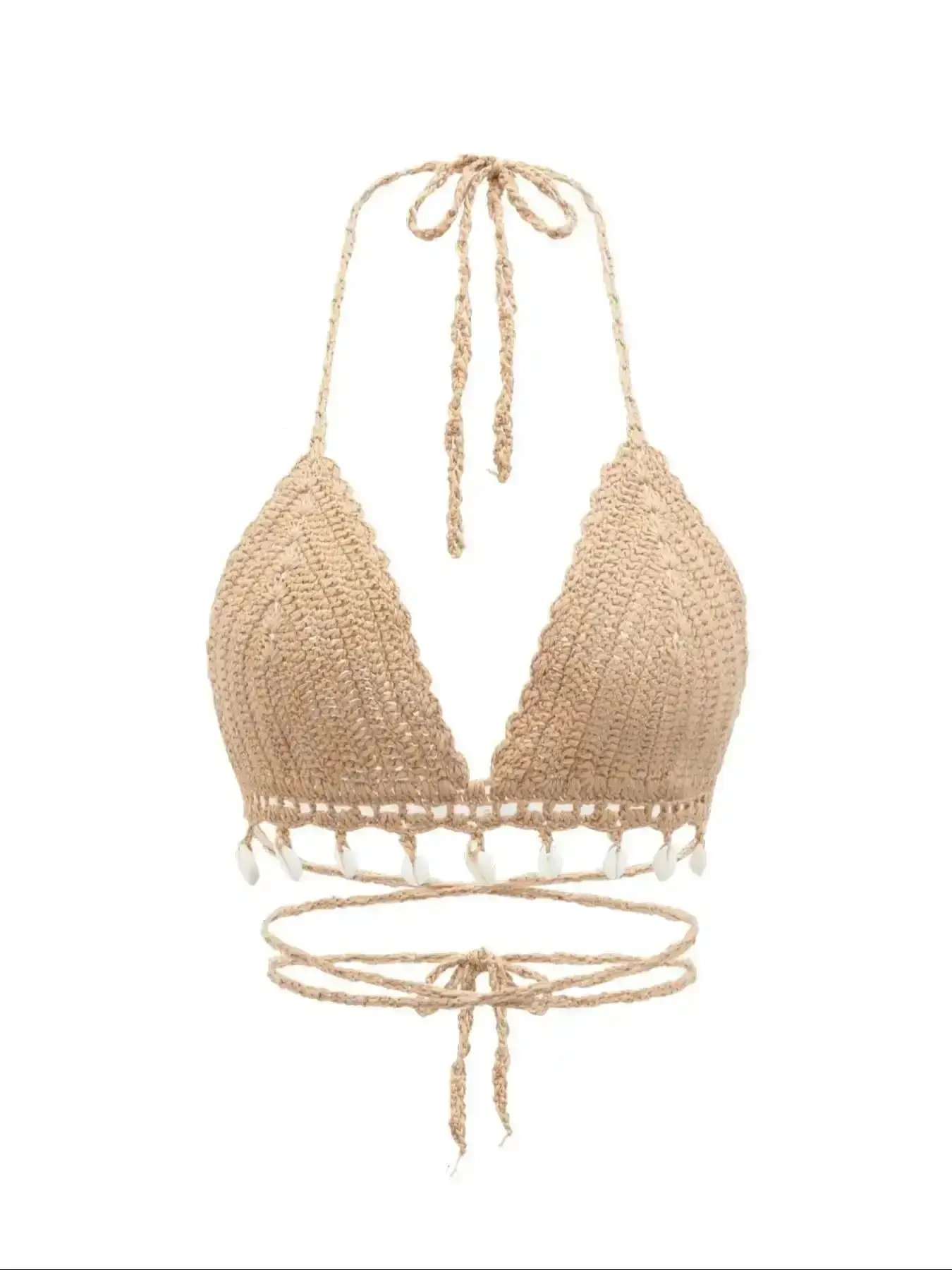 Women's Shell Decor Lace Up Halter Neck?Crochet?Cover Up Top, Crochet Cover Ups, Boho Fashion Hollow Out Backless Swimwear Top for Women?Beach Holiday Vacation, Summer Outfits, ?Ladies Summer Clothes, Boho Chic Style