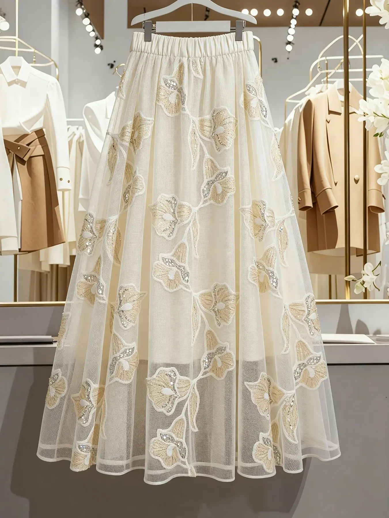 Women's Half Skirt Dual Layer Design Outer Mesh Pairing, Stylish Ladies' Loose Fashion Floral Skirt, Perfect for Casual and Formal Occasions, Flower Appliques Skirt, Floral Embroidery Skirt, Casual Skirts