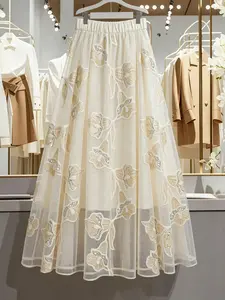 Women's Half Skirt Dual Layer Design Outer Mesh Pairing, Stylish Ladies' Fashion Floral Skirt, Perfect for Casual and Formal Occasions