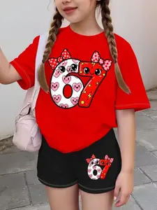 Girls Cartoon Heart Bowknot and Number 67 Print Fashion Sweet Sports Style Set, Summer Trendy T-Shirt Shorts Set, Casual All Seasons