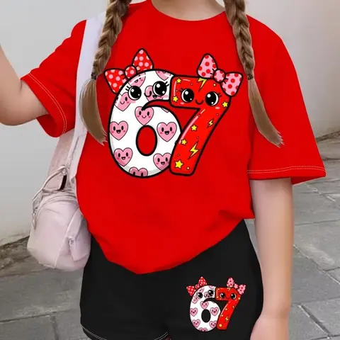 Girls Cartoon Heart Bowknot and Number 67 Print Fashion Sweet Sports Style Set, Summer Trendy T-Shirt Shorts Set, Casual All Seasons, Graphic Print Set, Clothes Sets